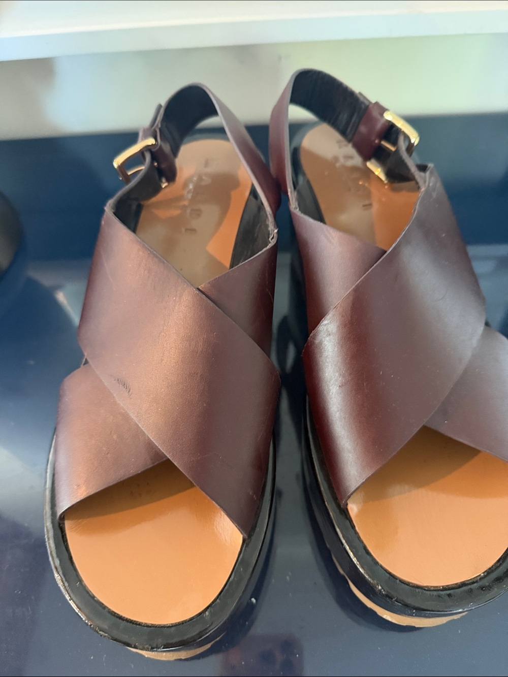 Marni Burgundy Leather Slingback Heels with Gold Buckle